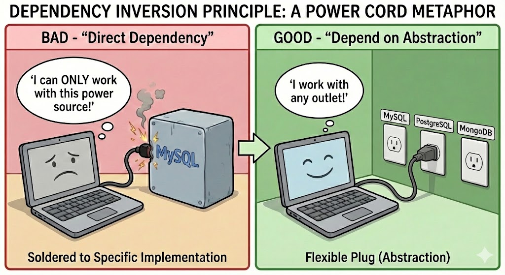 Left: Laptop with bare wires soldered to power source labeled MySQL - sparks flying. Right: Laptop with standard plug can connect to any of several outlets (MySQL, PostgreSQL, MongoDB).