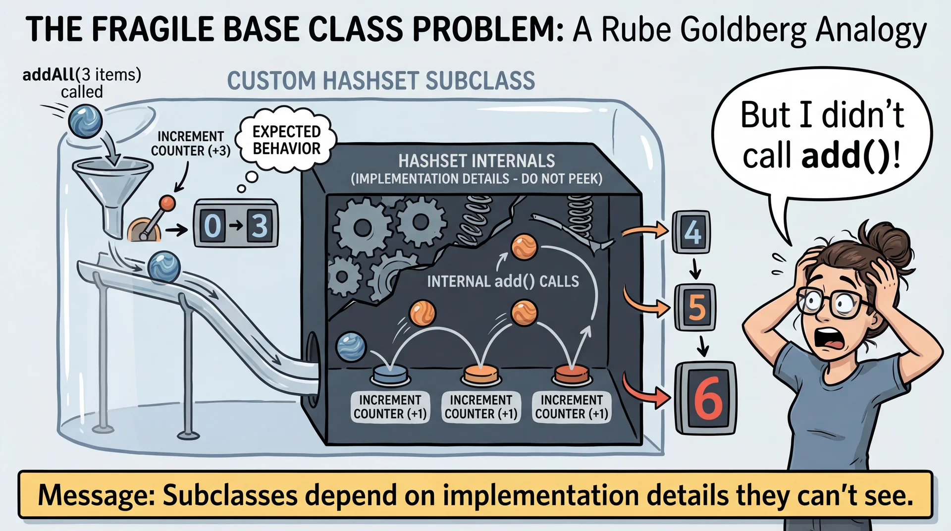 Rube Goldberg machine: addAll() increments counter by 3, then the HashSet black box internally calls add() 3 more times, each incrementing counter. Final count: 6 instead of expected 3. Developer shocked: 'But I didn't call add()!'