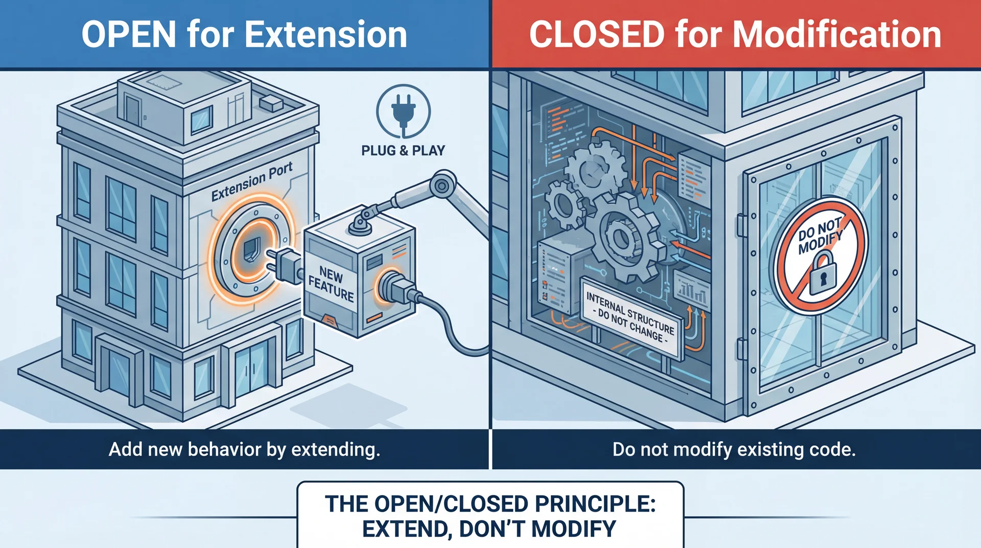 Split illustration: Left side shows a building labeled 'OPEN for Extension' with a clear extension port where new modules plug in easily. Right side shows the same building's internals behind glass labeled 'CLOSED for Modification' with a Do Not Modify sign - visible but protected.