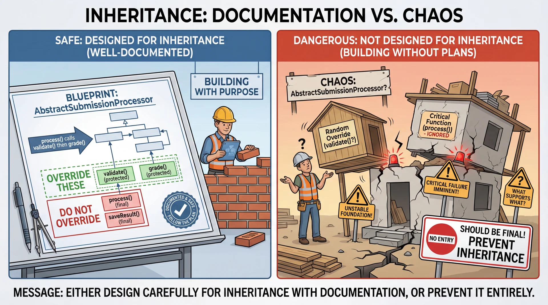 Left: Detailed blueprint showing AbstractSubmissionProcessor with documented method calls, clearly marked override points, and 'Documented & Safe' seal. Right: Rickety building constructed without plans, with cracks and warning signs - 'Should be final!'