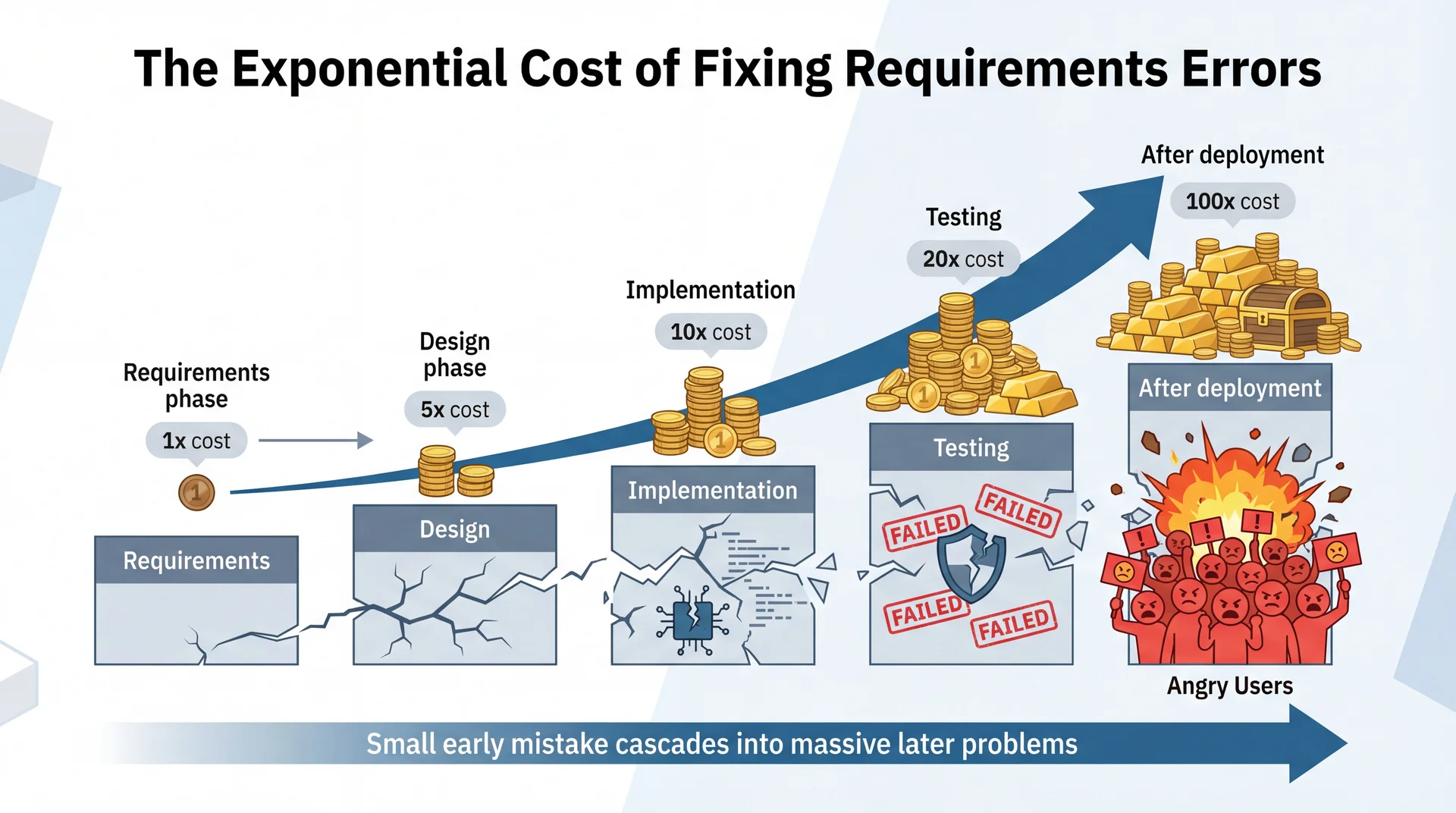 Exponential cost curve showing: Requirements (1x), Design (5x), Implementation (10x), Testing (20x), Deployment (100x). Below, a crack in requirements cascades into larger problems at each stage.