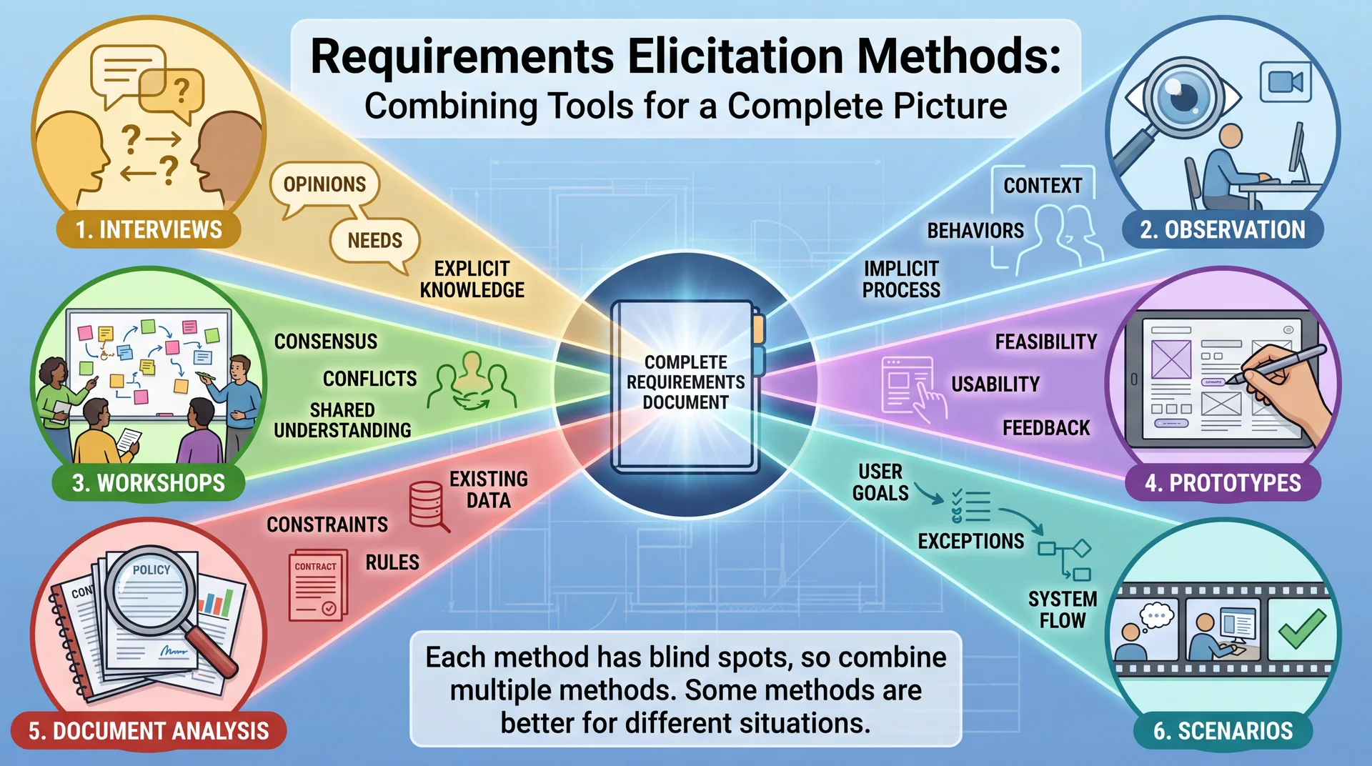 Six elicitation methods as different lenses: Interviews (dialogue), Observation (eye watching work), Workshops (group with sticky notes), Prototypes (hand sketching), Document Analysis (magnifying glass on policies), Scenarios (storyboard). They converge on complete requirements.