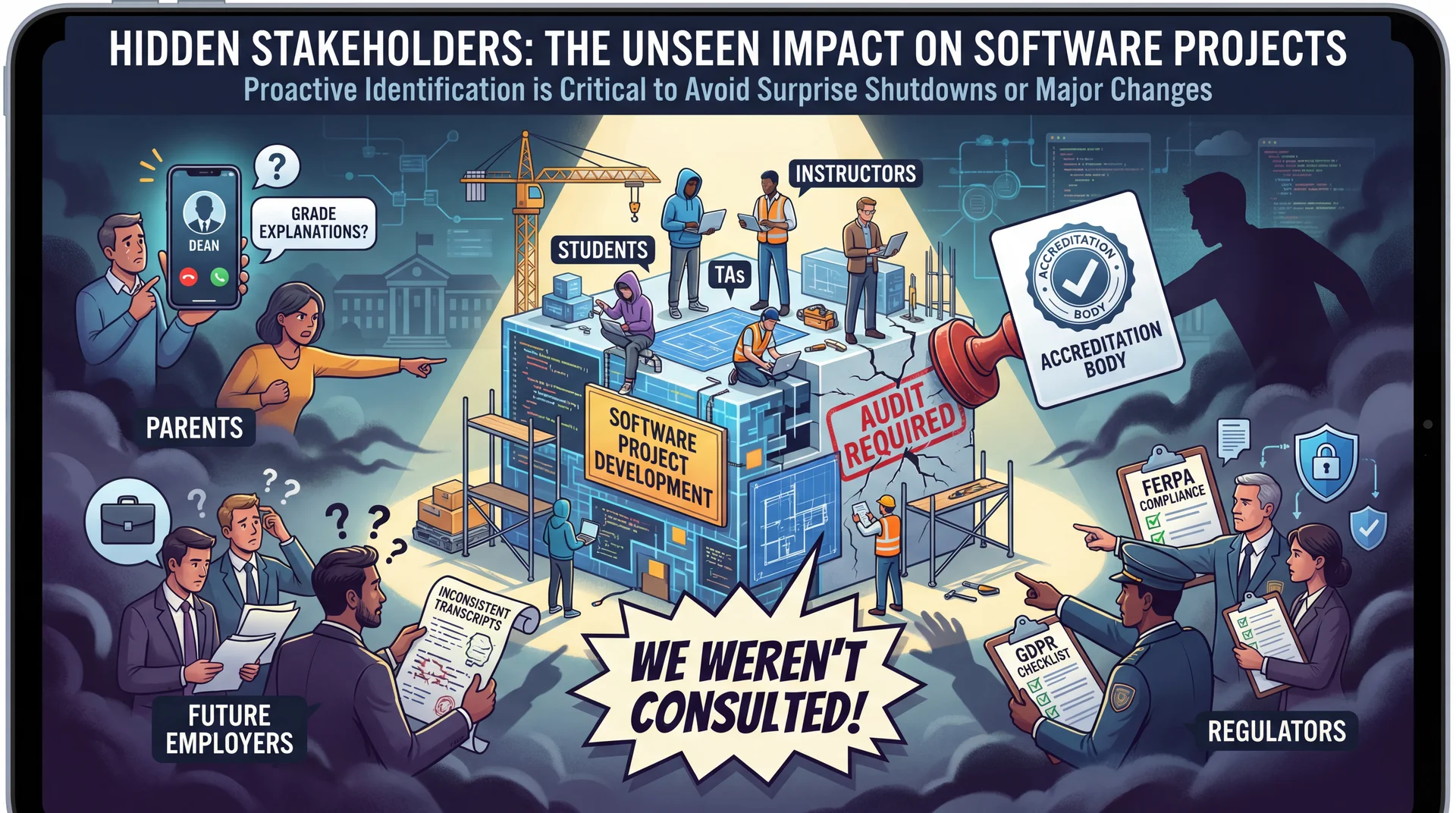 Software project with visible stakeholders working, while hidden stakeholders emerge from shadows: Parents calling dean, Employers confused by transcripts, Accreditation body demanding audit, Regulators with compliance checklists. Speech bubble: We weren't consulted!