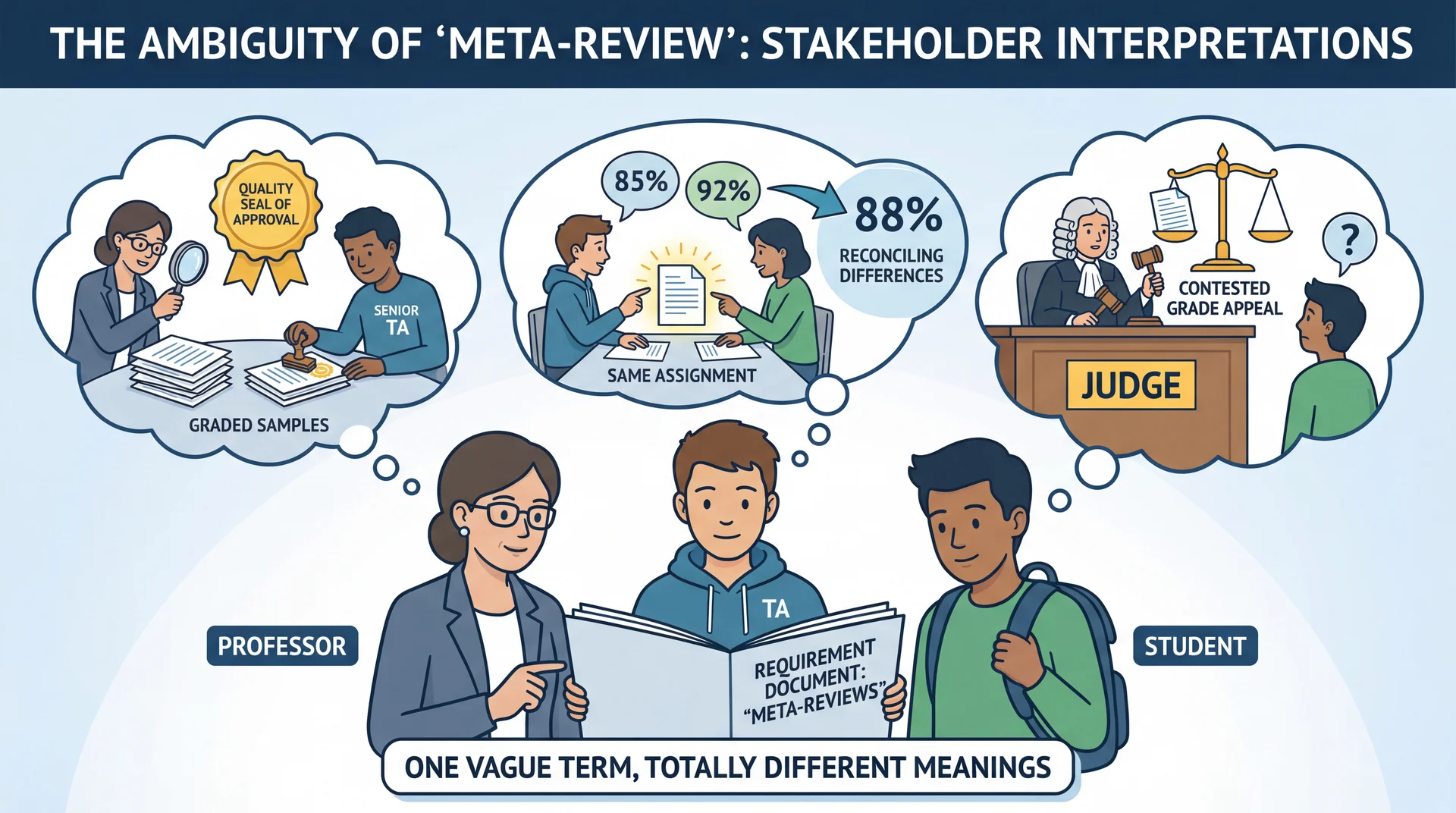 Three people reading 'meta-reviews' requirement with different interpretations: Professor sees spot-checks by senior TAs, TA sees peer review during grading, Student sees appeals process with impartial review.