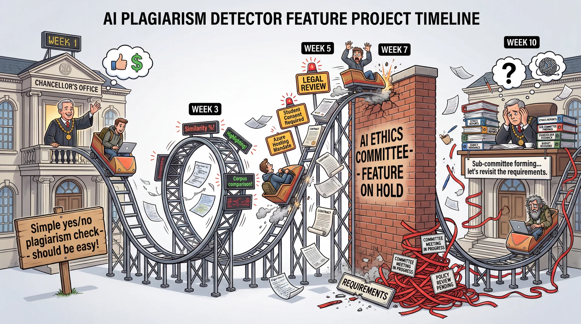 Rollercoaster timeline starting at Chancellor's Office (Week 1, simple request) through loops (Week 3), steep climbs (Week 5 legal/compliance), crashes into Ethics Committee wall (Week 7), then loops back to the SAME Chancellor's Office (Week 10) - illustrating that the source of volatility was the original stakeholder all along.