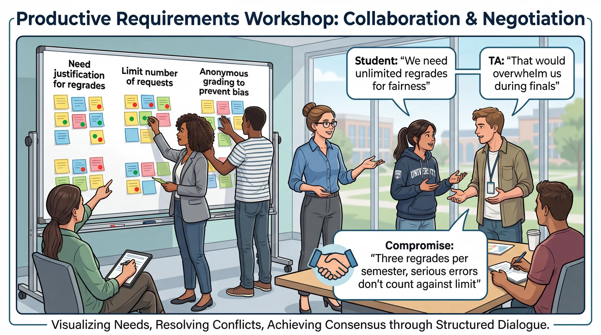 Requirements workshop: diverse group around whiteboard with sticky note clusters, dot voting in progress, two people negotiating. Whiteboard shows requirement clusters. Dialogue bubble shows student-TA negotiation reaching compromise on regrade limits.