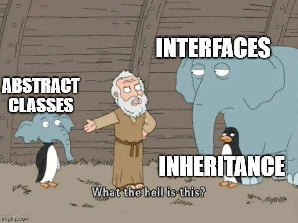 A meme from Family Guy showing Noah on the ark looking confused at two mixed-up animal pairs. A penguin stands with an elephant labeled 'Abstract Classes' while another elephant stands with a penguin labeled 'Interfaces'. A third label reads 'Inheritance'. Noah gestures in confusion with the caption 'What the hell is this?'