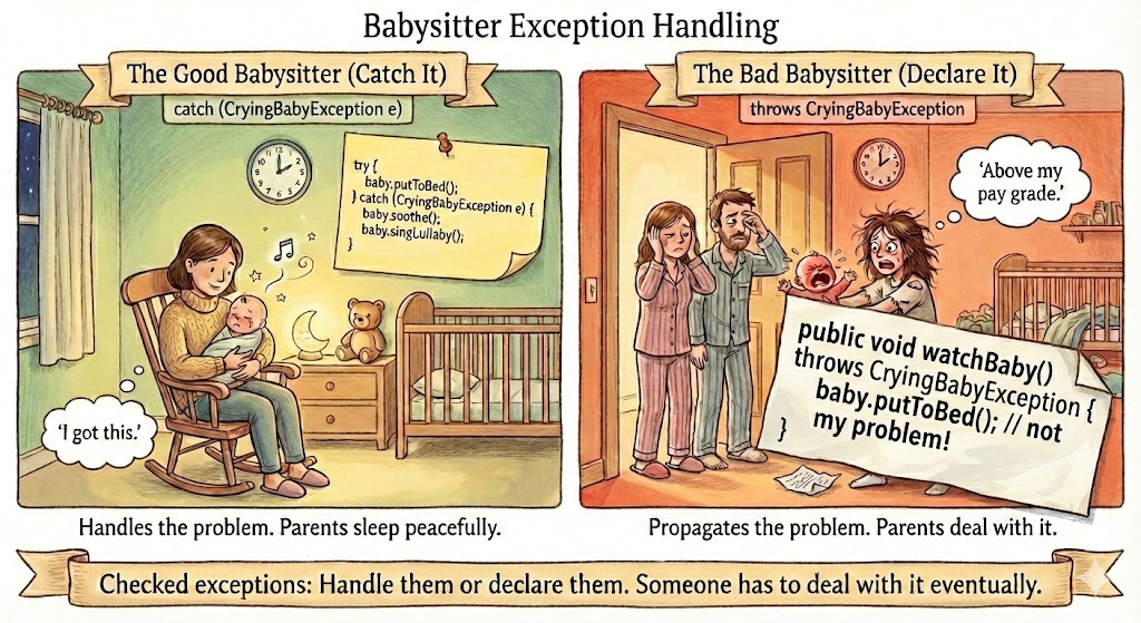 Two-panel storybook illustration titled 'Babysitter Exception Handling'. Left panel labeled 'The Good Babysitter (Catch It)' shows a calm babysitter in a rocking chair holding a content baby in a peaceful nursery at night. A code snippet reads 'try { baby.putToBed(); } catch (CryingBabyException e) { baby.soothe(); baby.singLullaby(); }'. Speech bubble says 'I got this.' Caption: 'Handles the problem. Parents sleep peacefully.' Right panel labeled 'The Bad Babysitter (Declare It)' shows a frazzled babysitter handing a crying baby to exhausted parents in pajamas. Speech bubble says 'Above my pay grade.' Caption: 'Propagates the problem. Parents deal with it.' Bottom banner reads 'Checked exceptions: Handle them or declare them. Someone has to deal with it eventually.'