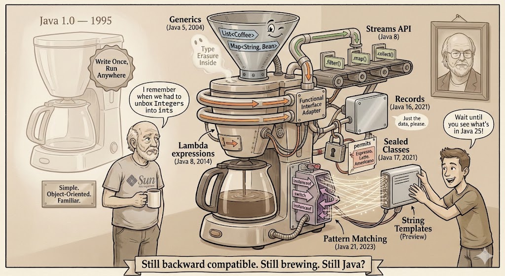 Cartoon of Java as a coffee maker evolving from 1995 to today. A simple original machine labeled 'Write Once, Run Anywhere' appears ghosted in the corner. The modern version is covered with bolted-on features: Generics funnel, Lambda arrow pipes, Streams conveyor belt, Records module, Sealed Classes padlock, and Pattern Matching tubes. An old developer in a Sun shirt reminisces while a young developer adds String Templates. Banner reads: 'Still backward compatible. Still brewing. Still Java?'