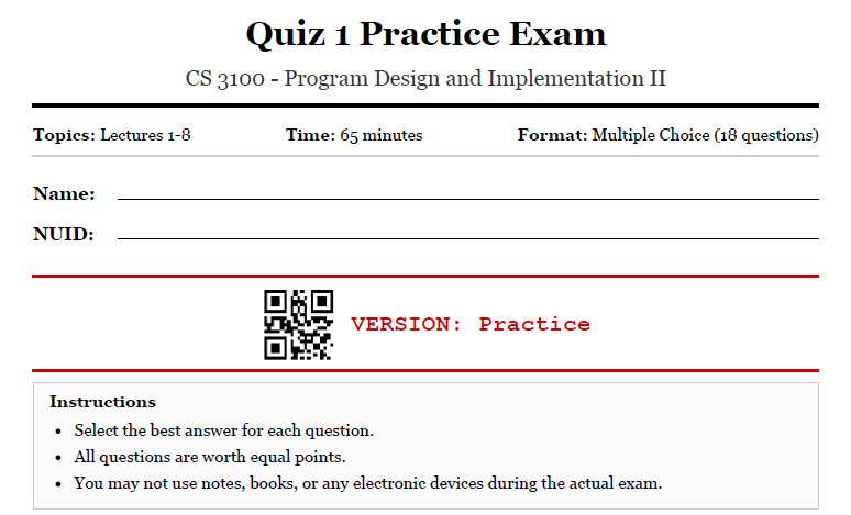 Screenshot of cover page, with spaces to write name and NUID