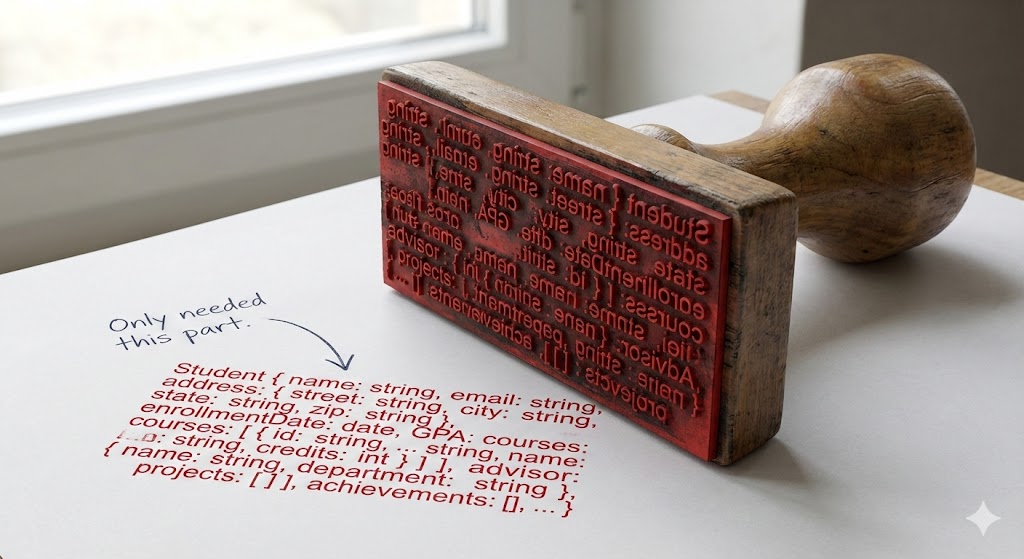A wooden rubber stamp with a red rubber base showing a complex Student data structure with many fields including name, email, address, street, city, state, zip, enrollmentDate, GPA, courses array, advisor, projects, and achievements. The stamp has been pressed onto cream paper, leaving a red ink impression of the entire data structure. A handwritten note with an arrow points to just the email field saying 'Only needed this part.' Natural window light illuminates the scene.