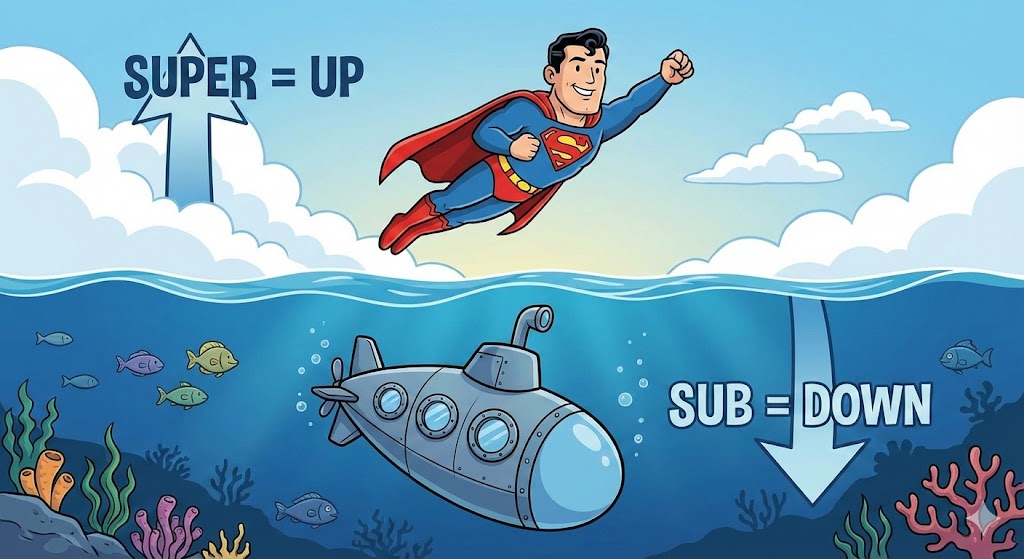 Cartoon image showing Superman in the sky and a submarine under water