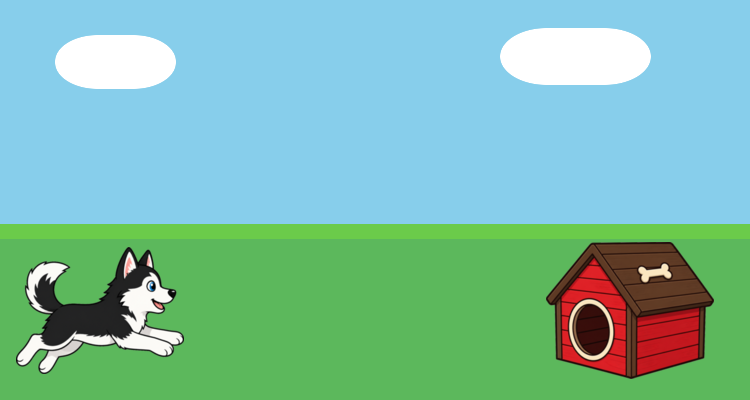 Husky on the left, doghouse on the right.