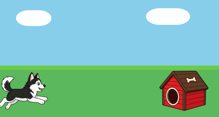 A looping animation of a husky running across a field into a doghouse.