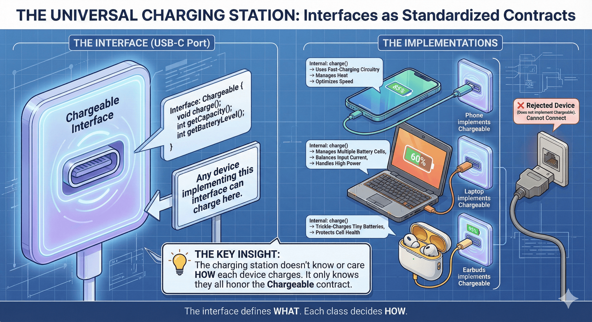 The Universal Charging Station — Interfaces as Standardized Contracts. A clean, modern illustration showing a universal charging station with multiple USB-C ports, rendered in a technical-but-friendly blueprint style. LEFT SIDE - THE INTERFACE (USB-C Port): A large, detailed USB-C port labeled "Chargeable" with its specification card showing: charge(), getCapacity(), getBatteryLevel(). A sign reads: "Any device implementing this interface can charge here." The port itself is highlighted with a soft glow, emphasizing it's a SPECIFICATION, not a device. RIGHT SIDE - THE IMPLEMENTATIONS: Three very different devices successfully plugged into identical ports: (1) A smartphone labeled "Phone implements Chargeable" — its charge() uses fast-charging circuitry; (2) A laptop labeled "Laptop implements Chargeable" — its charge() manages multiple battery cells; (3) A wireless earbud case labeled "Earbuds implements Chargeable" — its charge() trickle-charges tiny batteries. Each device has a small annotation showing its internal implementation is completely different (different battery sizes, charging speeds, circuits), but they all present the same interface to the charging station. BOTTOM - THE KEY INSIGHT: A callout box states: "The charging station doesn't know or care HOW each device charges. It only knows they all honor the Chargeable contract." Visual style: Use a color scheme that distinguishes the interface (blue/purple, abstract, glowing) from implementations (varied colors, concrete, detailed). The USB-C port should look standardized and precise. The devices should look diverse in design but unified by the connection point. Include small method signatures floating near each device showing their different internal approaches to charge(). Perhaps show a rejected device (old proprietary charger) that doesn't fit—illustrating that non-implementing classes can't participate. Tagline: "One contract, many implementations."