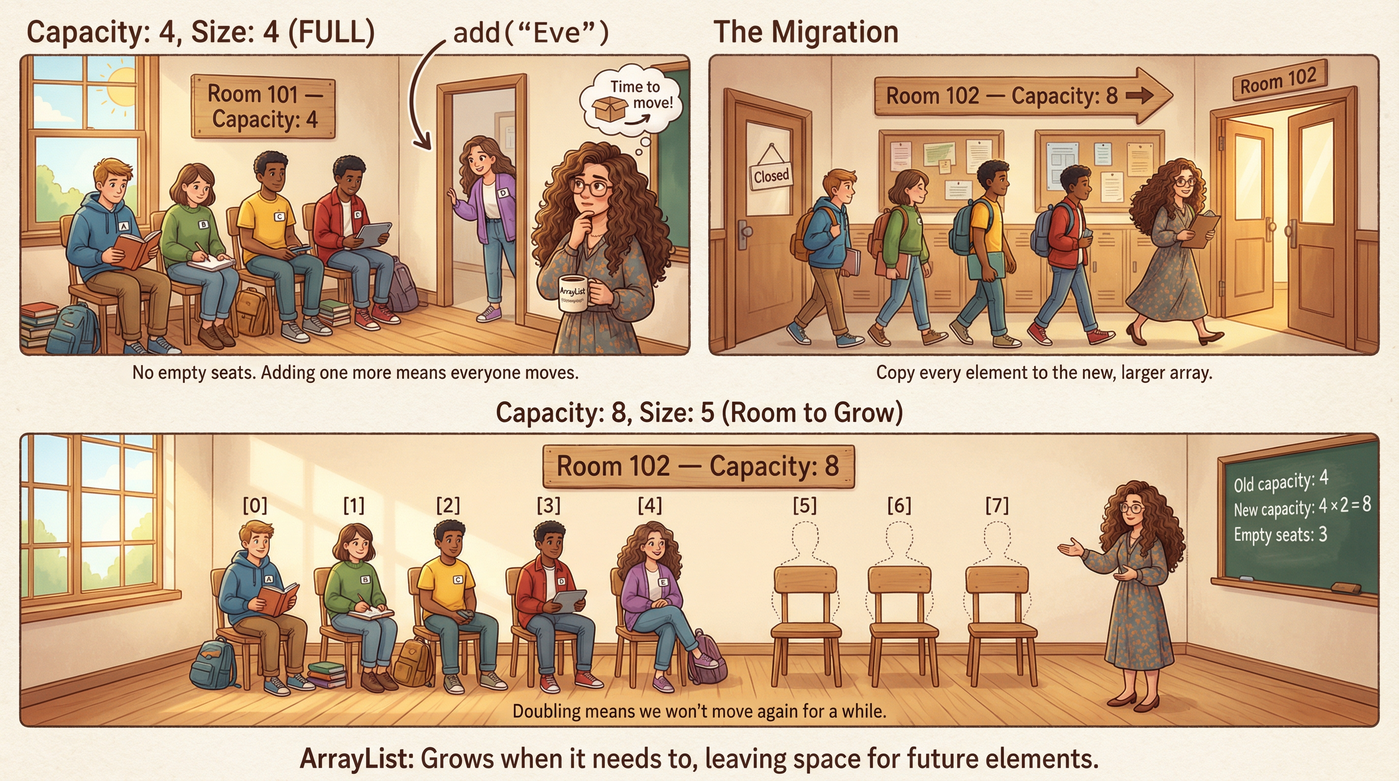 Three-panel classroom metaphor showing ArrayList resizing by doubling capacity