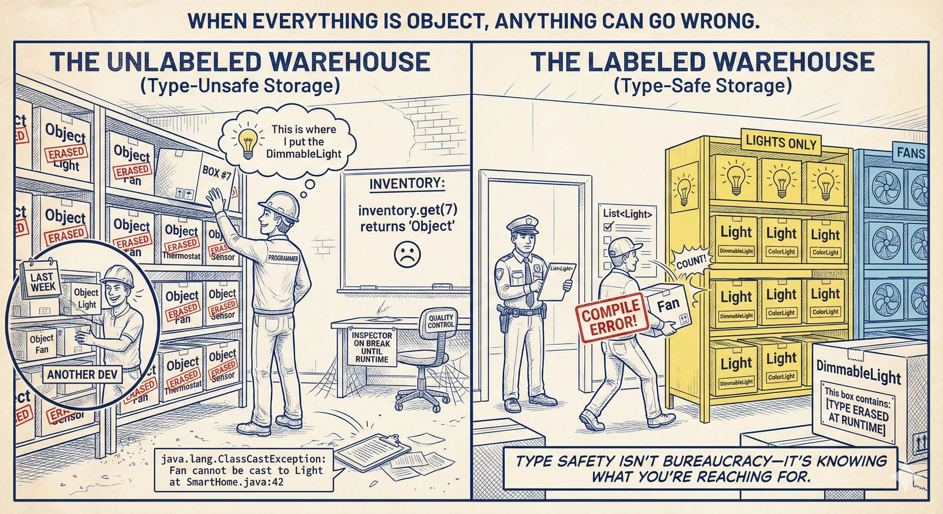 Warehouse metaphor: unlabeled Object boxes vs type-safe color-coded sections