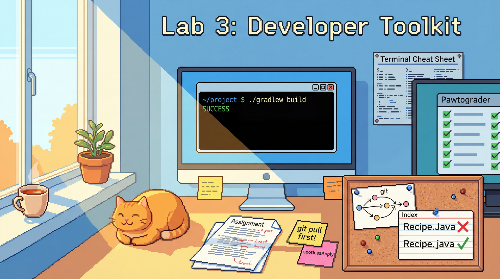 Lab 3: Developer Toolkit - A bright, organized lo-fi pixel art scene of a daytime coding workspace. Afternoon sunlight streams through a window with a plant on the sill. A clean monitor displays a terminal with './gradlew build SUCCESS' in green. On the tidy desk: a neatly annotated assignment printout, colorful sticky notes reading 'git pull first!' and 'spotlessApply', a hand-drawn git branch diagram pinned to a small corkboard, and an index card showing 'Recipe.Java ✗' crossed out next to 'Recipe.java ✓' (intentional! we cross out the WRONG capitalization of the file extension, must be Java with a capital J on the oen crossed out). An orange cat lounges contentedly in a sunny spot nearby. A terminal cheat sheet is pinned to the wall. A second monitor shows Pawtograder with green checkmarks. A fresh cup of tea. Cheerful blues and warm yellows. The vibe is 'I've got this.' Title: 'Lab 3: Developer Toolkit'