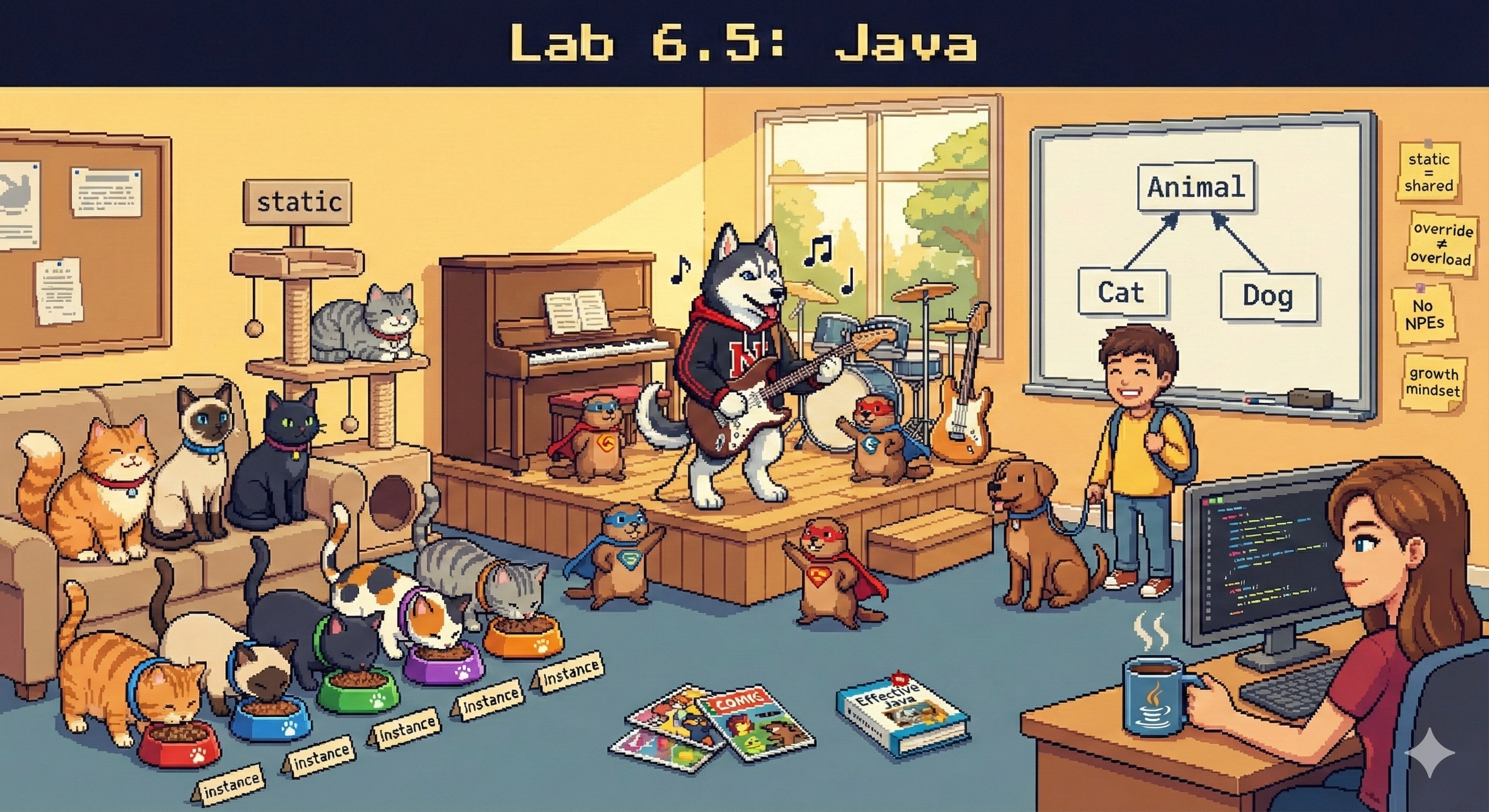 Lo-fi pixel art showing a cozy veterinary classroom where cats, dogs, and a husky in a Northeastern hoodie demonstrate Java concepts. On one side, five cats share a couch and cat tree (labeled 'static') while each has a unique collar and match food bowl (labeled 'instance').In the center, the husky plays music on a stage surrounded by a piano, drums, and guitar. There are ground hogs wearing superhero outfits. A whiteboard shows a class hierarchy tree: Animal at top, Cat and Dog below, with arrows. A happy student holds a leash attached to a dog on the ground. A confident young woman with a coffee cup with a Java icon sits at a computer desk. There are a few comic books and a small copy of Effective Java on the floor. Through the window, sunny afternoon light. Sticky notes on the wall: 'static = shared', 'override ≠ overload', 'No NPEs', 'growth mindset'. Warm yellows and cozy blues. Title: 'Lab 6.5: Java'.