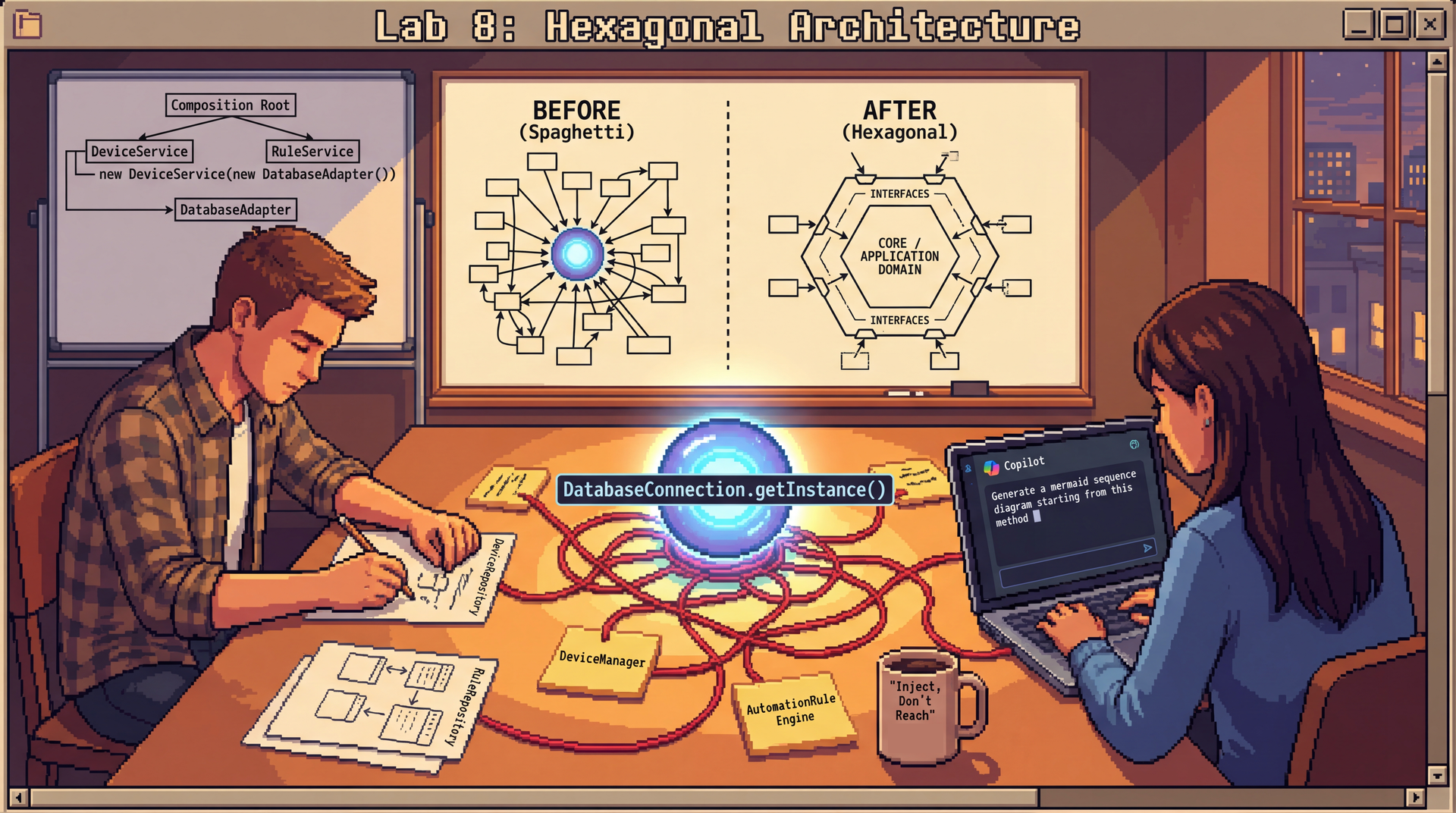 Lo-fi pixel art showing two students (one male, one female) at a large table. In the center of the table sits a glowing orb labeled 'DatabaseConnection.getInstance()' with tangled red threads spreading outward to sticky notes labeled 'DeviceManager' and 'AutomationRuleEngine'. One student sketches interface designs on paper (labeled 'DeviceRepository' and 'RuleRepository'), while the other has a laptop open showing a Copilot chat window with the prompt 'Generate a mermaid sequence diagram starting from this method'. Between them: a before/after comparison — on the left, a spaghetti diagram with arrows all pointing to the central singleton; on the right, a clean hexagonal diagram with interfaces as boundaries and adapters on the outside (no code legible). A whiteboard behind them shows a simple composition root with constructor calls. On the table, a coffee mug reads 'Inject, Don't Reach' — the DI motto. Title: 'Lab 8: Hexagonal Architecture'. Warm evening lighting, cozy collaborative workspace atmosphere.