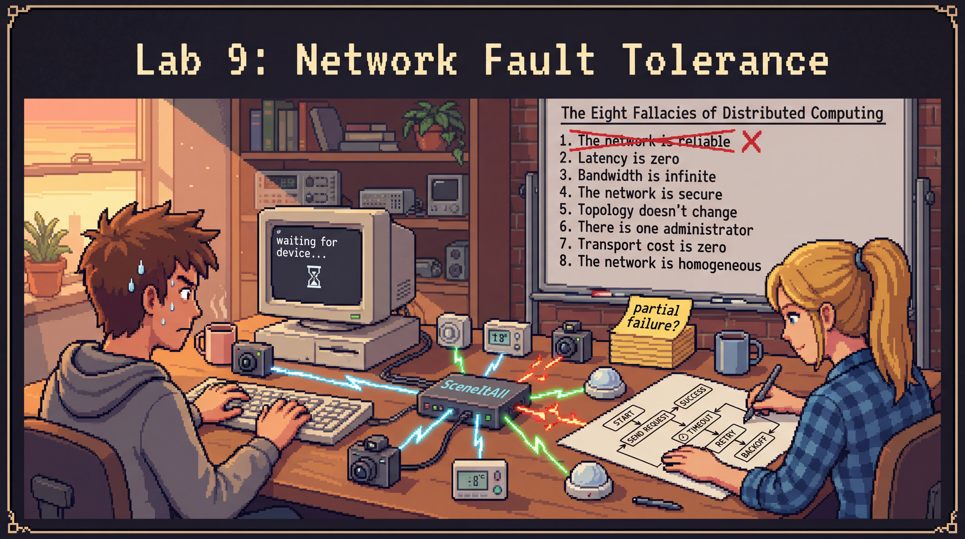 Lo-fi pixel art showing two students at a workbench covered in small IoT devices—cameras, thermostats, motion sensors—each connected by glowing lines to a central hub labeled 'SceneItAll'. Some lines are flickering red or orange, representing unreliable connections. One student stares at a frozen terminal showing a blinking cursor next to the text 'waiting for device...', while the other sketches a flowchart on paper with labels like 'timeout', 'retry', 'backoff'. On the whiteboard behind them: a list of the Eight Fallacies of Distributed Computing, with 'The network is reliable' crossed out in red. A stack of sticky notes on the table reads 'partial failure?'. Warm evening lighting, cozy collaborative workspace atmosphere. Title: 'Lab 9: Network Fault Tolerance'.