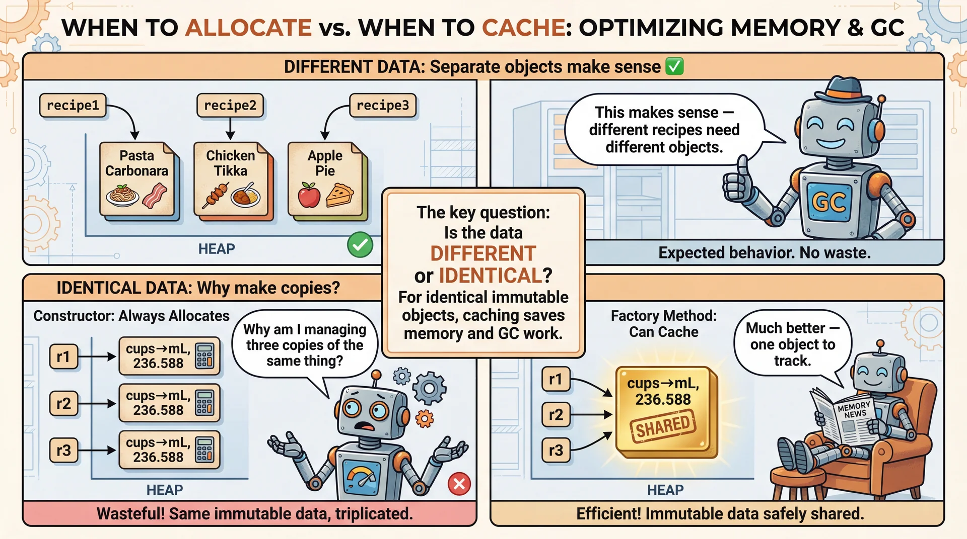 2x2 grid: Top row shows different recipes as separate objects with happy GC robot (correct behavior). Bottom-left shows wasteful duplication of identical ConversionRules with GC robot shrugging 'why three copies?'. Bottom-right shows efficient caching with relaxed GC robot. Center: for identical immutable data, caching saves memory.