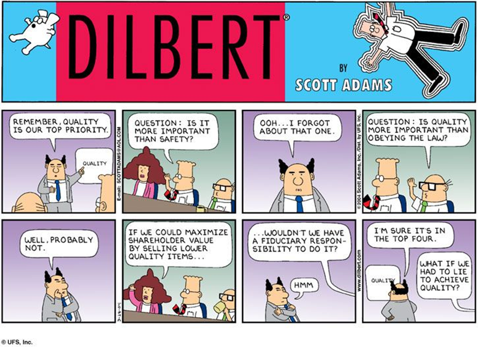 Dilbert cartoon by Scott Adams. Pointy-haired boss (PHB) is presenting to Alice, Dilbert, and Wally.
PHB (pointing at 'Quality' sign): 'Remember, quality is our top priority.'
Dilbert: 'Question: Is it more important than safety?'
PHB: 'Ooh...I forgot about that one.'
Wally: 'Question: Is quality more important than obeying the law?'
PHB: 'Well. Probably not.'
Alice: 'If we could maximize shareholder value by selling lower quality items, wouldn't we have a fiduciary responsibility to do it?'
PHB: 'Hmmm'
PHB (looking at 'Quality' sign): 'I'm sure it's in the top four.'
Off-screen voice: 'What if we had to lie to achieve quality?'