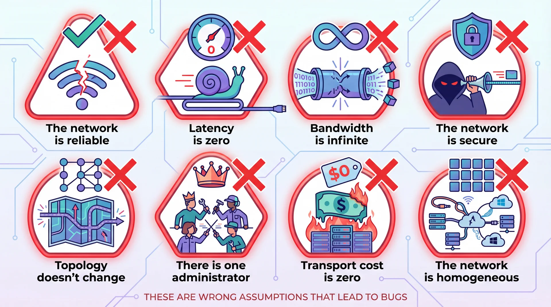 Eight warning signs arranged in a grid, each crossing out a wrong assumption about distributed systems: The network is reliable, Latency is zero, Bandwidth is infinite, The network is secure, Topology doesn't change, There is one administrator, Transport cost is zero, The network is homogeneous. Clean flat illustration style with warning colors.