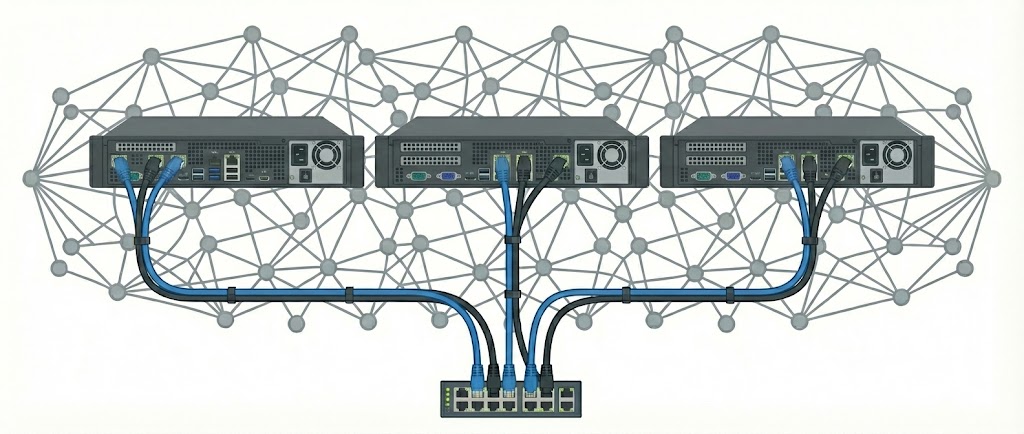 Graphic showing a network switch connected to 3 rack-mountable servers,
with a graph representing a social network in the background