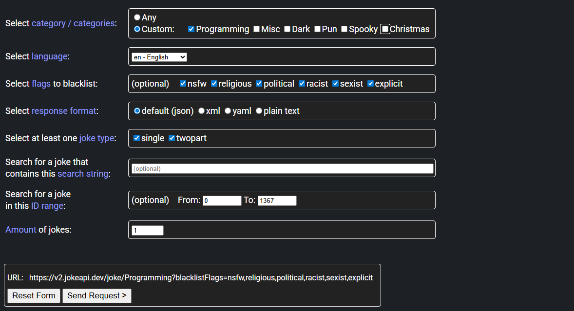 Screenshot of web page https://jokeapi.dev/ allowing making JokeAPI requests