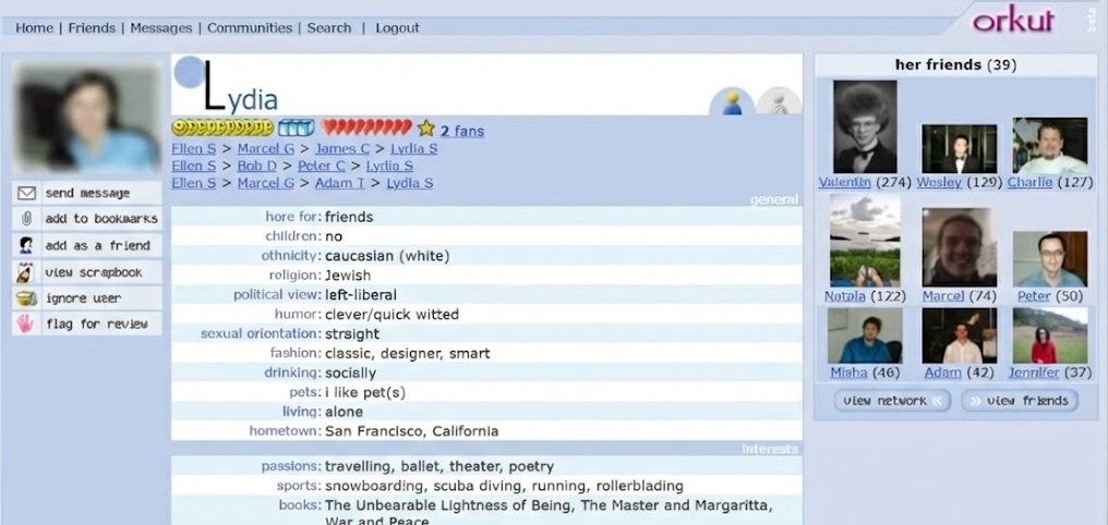 A social network profile page showing 3 friend paths from Ellen S to Lydia S