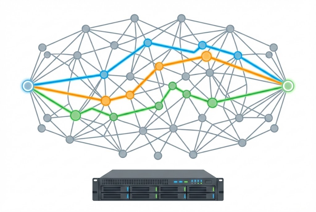 A clean vector technical diagram features a rack-mounted server unit at the bottom and a large network graph above it. The graph shows multiple gray nodes and edges. Two endpoint nodes are highlighted, with three distinct colored paths (blue, orange, green) showing different routes between them, passing through several intermediate nodes. The background is white.