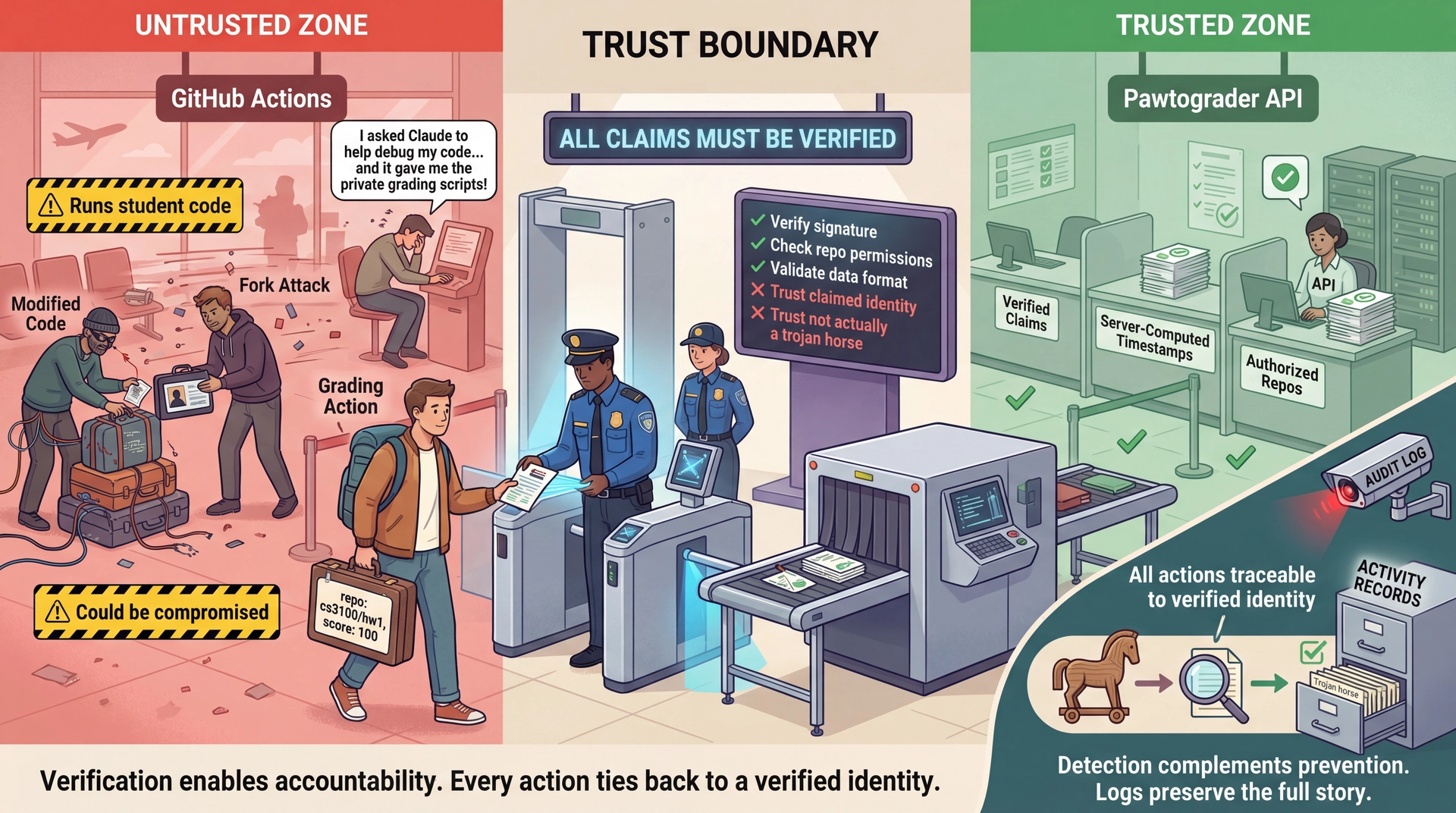Trust boundary illustration: Left side shows chaotic 'untrusted zone' like an airport terminal with suspicious figures (fork attacks, Claude leaking scripts). Center shows security checkpoint verifying OIDC signatures. Right side shows calm 'trusted zone' with API processing verified data. Bottom right shows audit/accountability: even if a Trojan horse gets through, the student's verified identity means they can be held accountable.