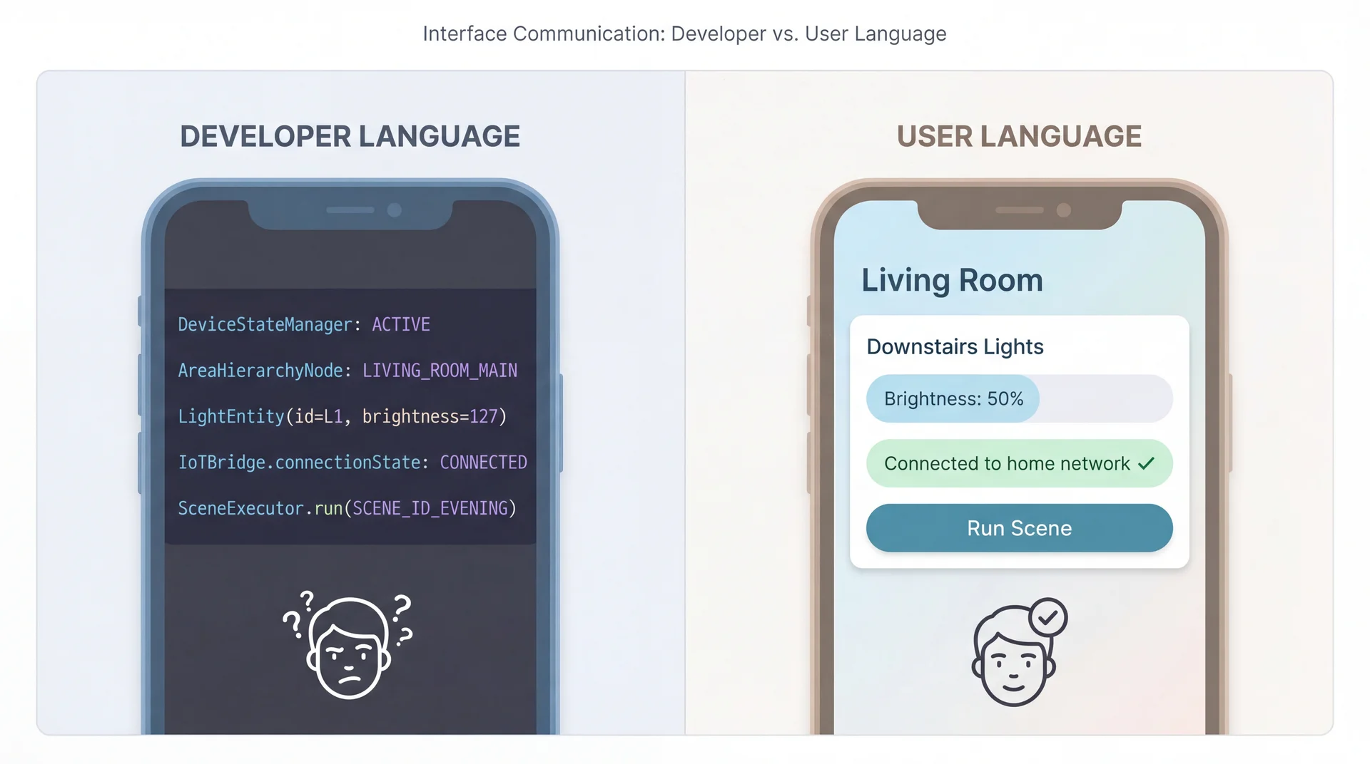 Side-by-side: Left shows confusing developer terms like 'DeviceStateManager', 'LightEntity brightness=127'. Right shows same information as 'Living Room', 'Brightness: 50%' with natural language that users understand.
