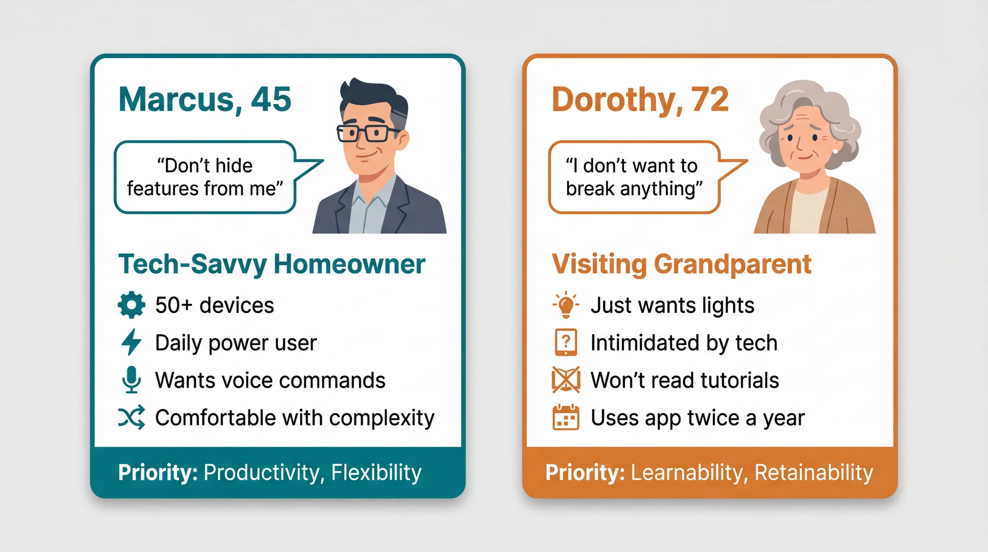 Two persona cards: Marcus (45, tech-savvy, wants productivity and flexibility, quote: 'Don't hide features from me') and Dorothy (72, visiting grandparent, wants learnability and simplicity, quote: 'I don't want to break anything').